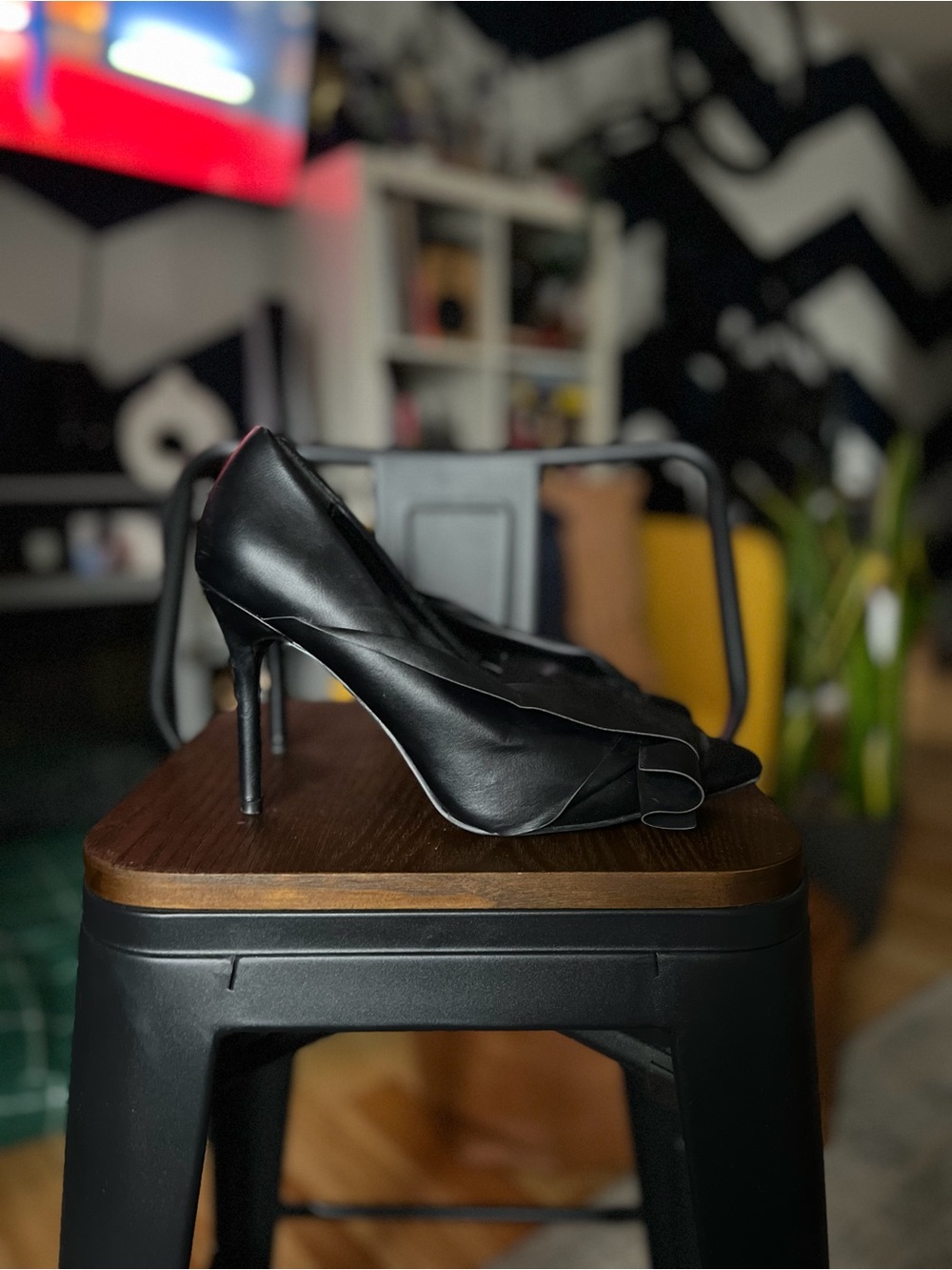 Black Faux Leather Stiletto Heels with Ruffle Detail